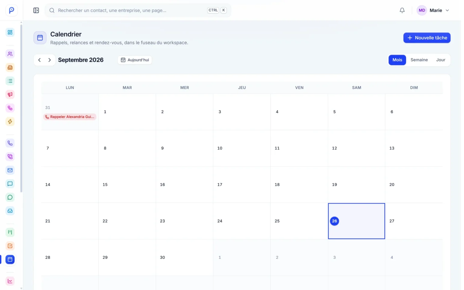 Calendrier des rappels et rendez-vous dans ProspectPhoning